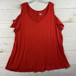 Lane Bryant Knit Top Womens 26/28 Red Cold Shoulder V Neck Short Sleeve Stretch
